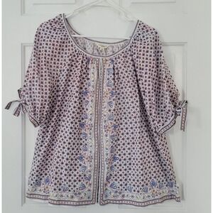 Max Studio London Boho Peasant Top M GeometricFloral Flowy Balloon Sleeve Blouse